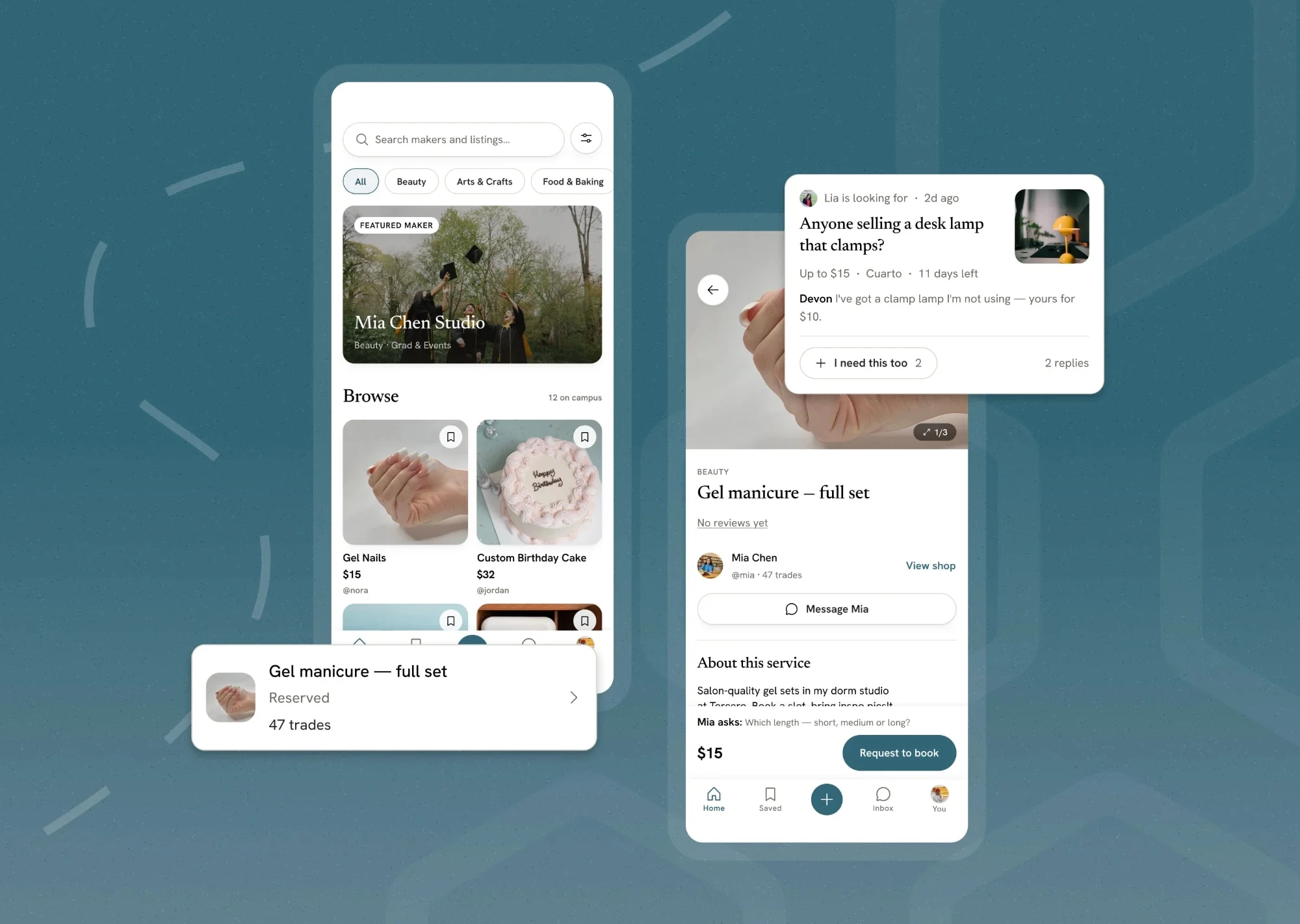 Buzzit screens: the home feed with a featured maker and listings, a gel manicure listing with Message and Request to book, an ask for a desk lamp, and a reserved order.