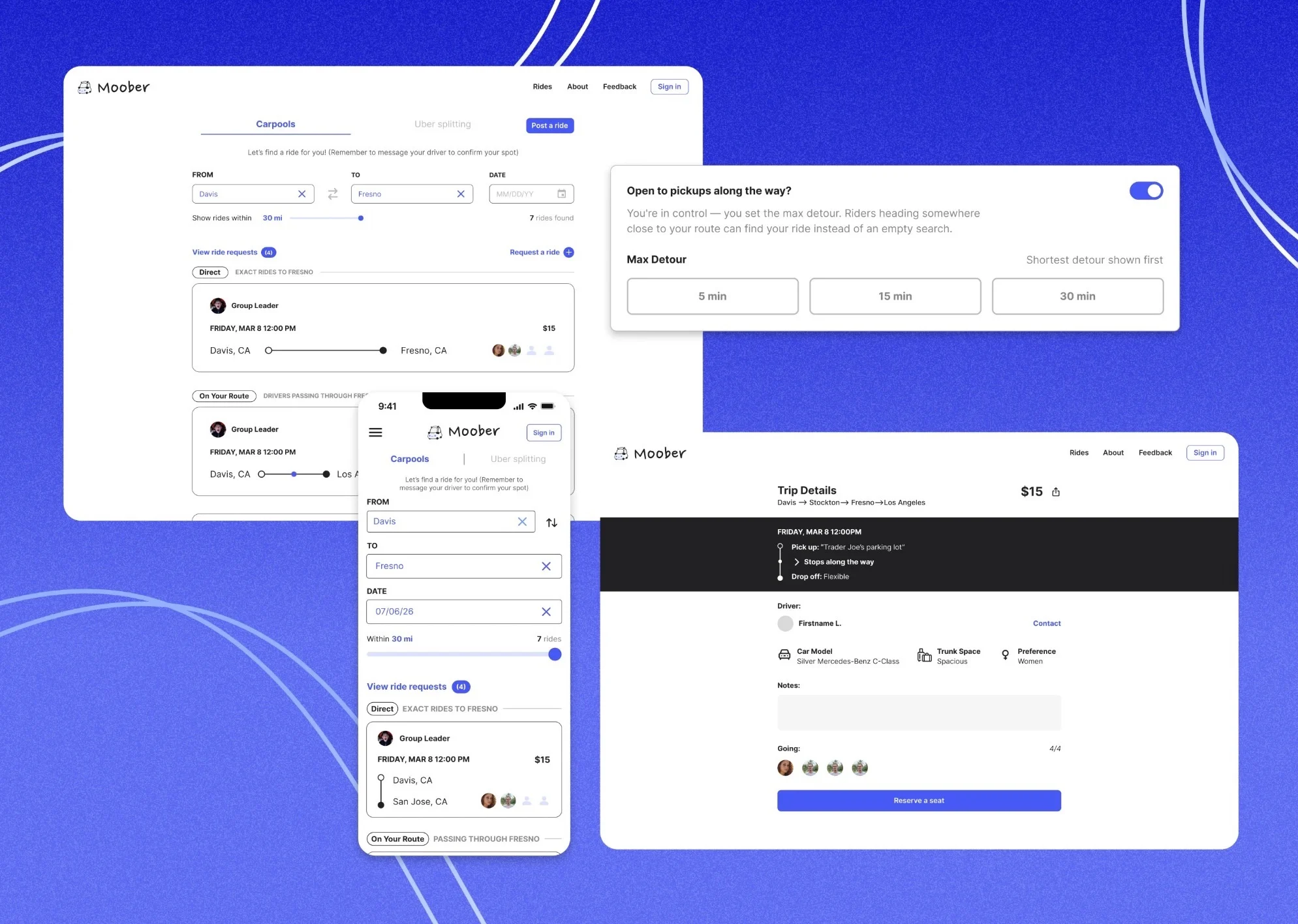 Moober screens: carpool search, detour setting, mobile search and trip details.