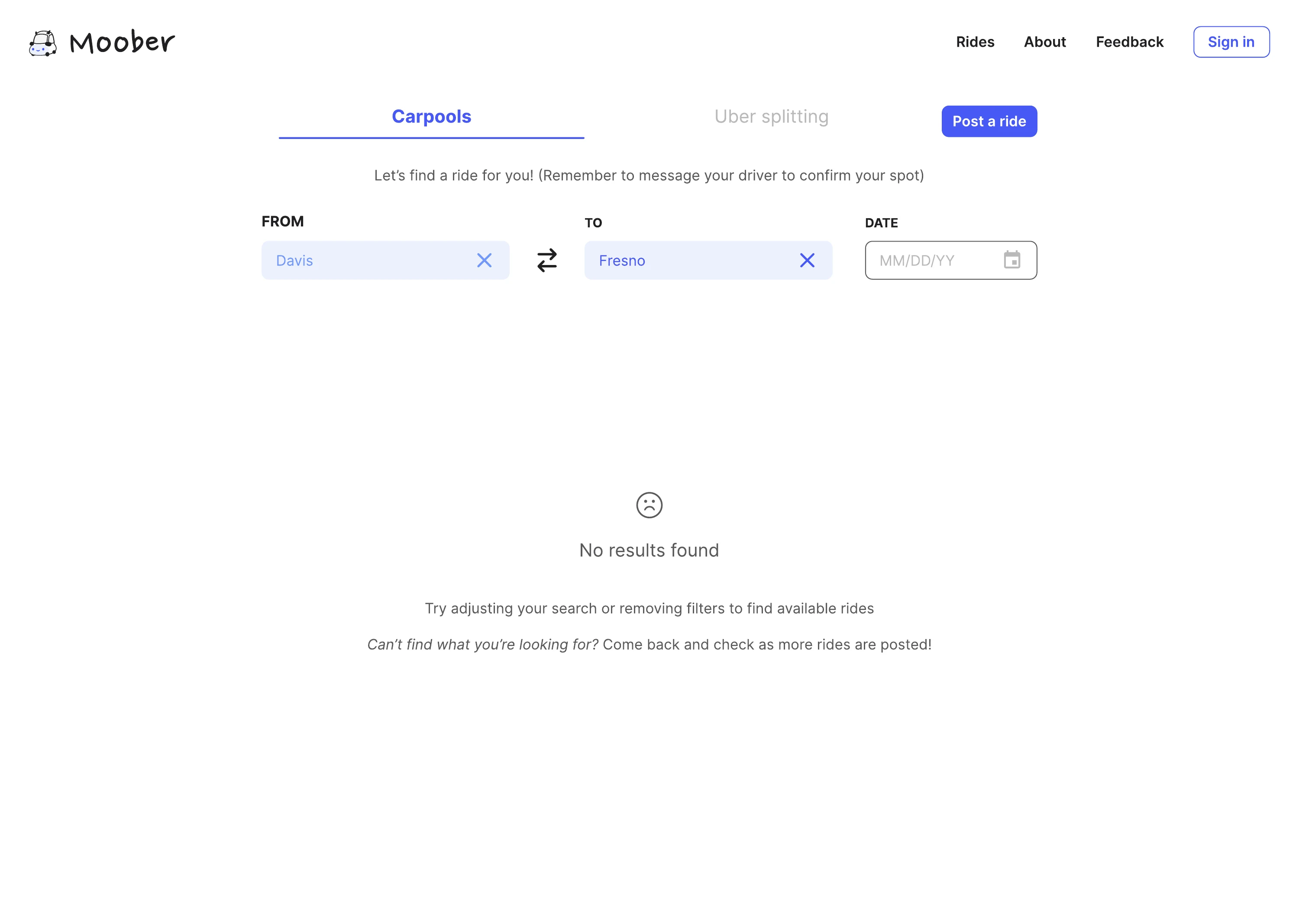 Before: searching Davis to Fresno returns no results.