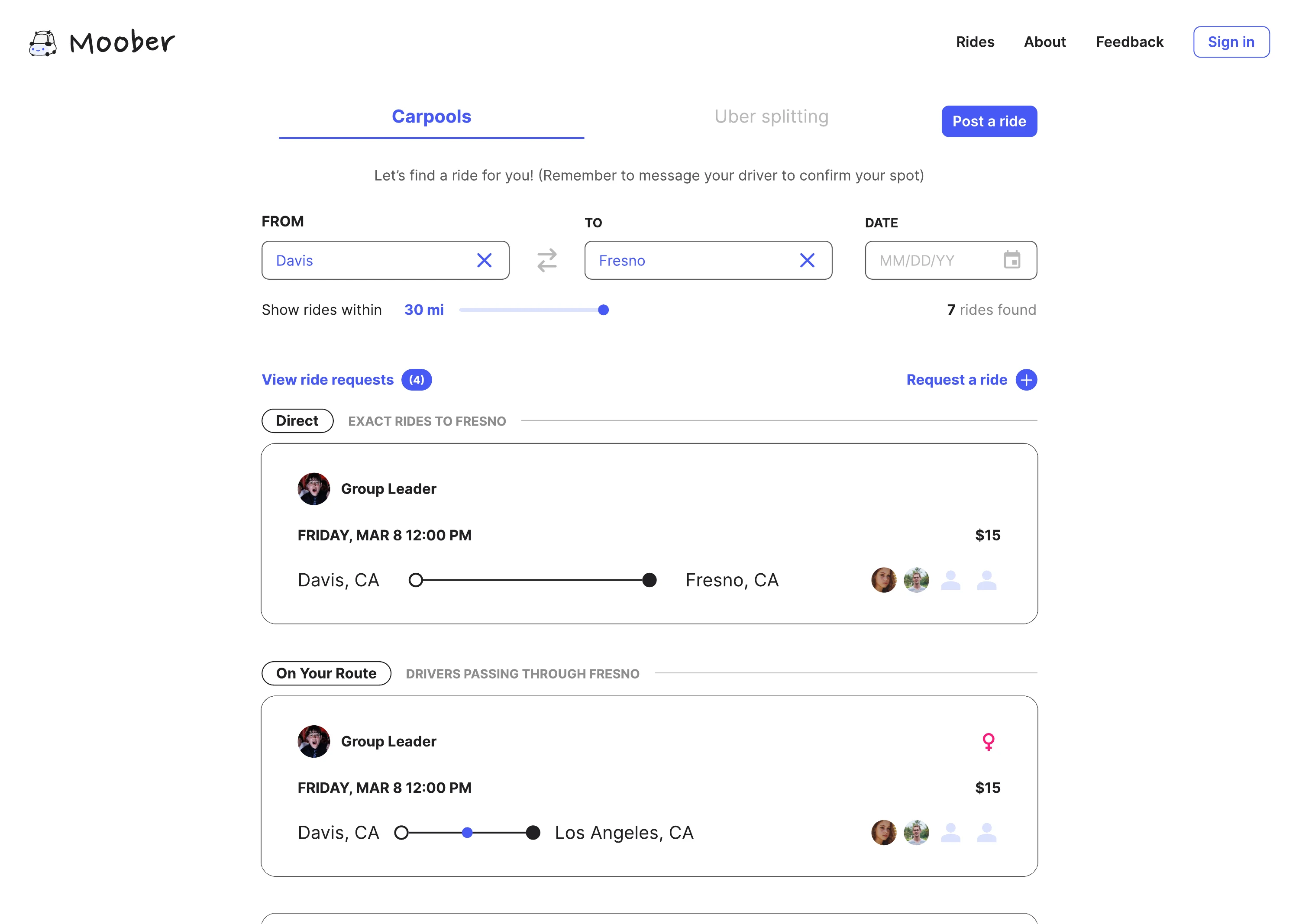 After: the same search returns rides along the route, sorted into tiers.