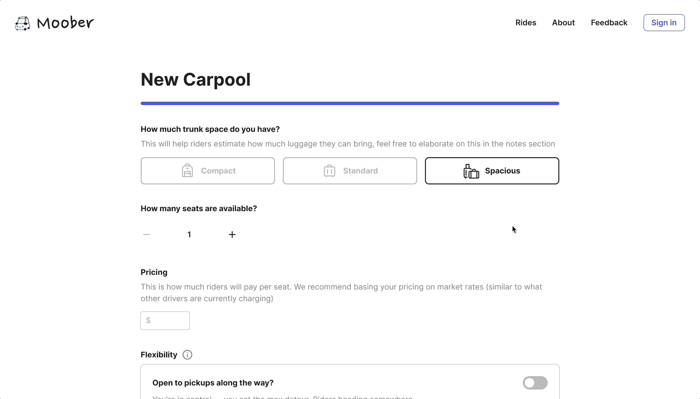 Posting a new carpool: trunk space, seats, pricing, and the toggle for pickups along the way.